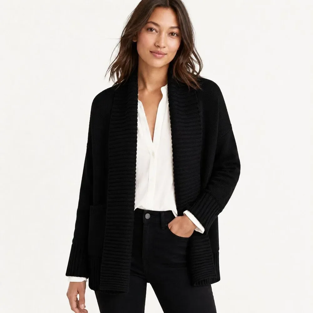 J.Crew Women's Chunky Trim Open Cardigan Sweater Size XS Small Black Preppy